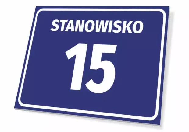 Tabliczka Stanowisko wraz z numerem, literą - Wzór graficzny. Prostokątna tabliczka z niebieskim tłem, białym napisem