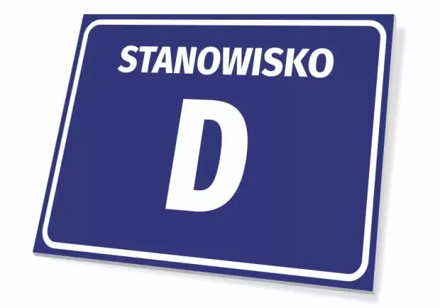 Tabliczka Stanowisko wraz z numerem, literą - Wzór graficzny. Prostokątna tabliczka z niebieskim tłem i białym napisem