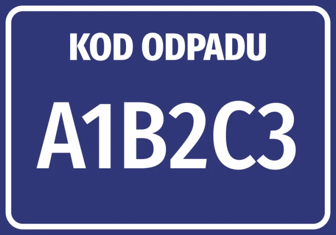 Naklejka Kod odpadu, wraz z numerem, kodem odpadu - Wzór graficzny. Prosty prostokąt w ciemnym kolorze z białym tekstem