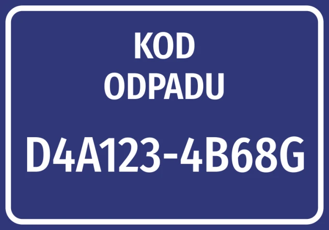 Naklejka Kod odpadu, wraz z numerem, kodem odpadu - Wzór graficzny. Prosty prostokąt z niebieskim tłem i białym tekstem