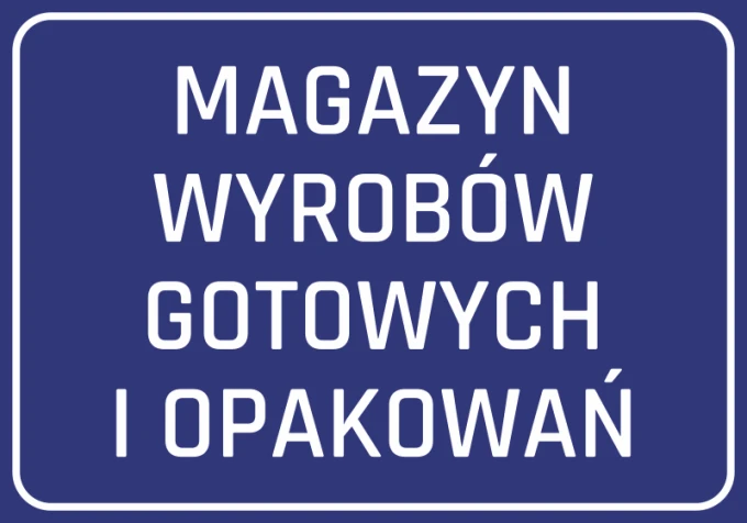 Naklejka Magazyn wyrobów gotowych i opakowań - Wzór graficzny. Niebieskie tło z białym tekstem w dużej czcionce
