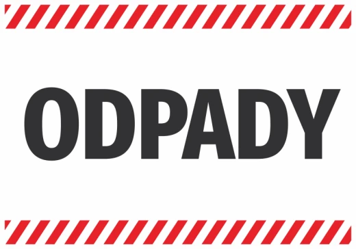 Naklejka informacyjna BHP z czarnym napisem ODPADY oraz czerwono-białym ostrzegawczym pasem na białym tle