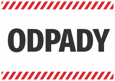 Naklejka Odpady N638 - Wzór graficzny. Duży napis ODPADY na białym tle, otoczony czerwono-białymi paskami