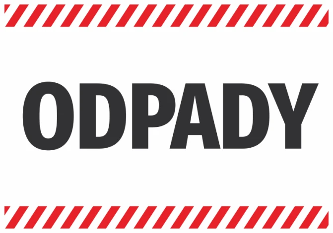 Naklejka Odpady N638 - Wzór graficzny. Duży napis ODPADY na białym tle, otoczony czerwono-białymi paskami