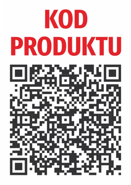 Naklejka QR Kod produktu - Wzór graficzny. Na białym tle znajduje się czarny kod QR oraz czerwony napis KOD PRODUKTU