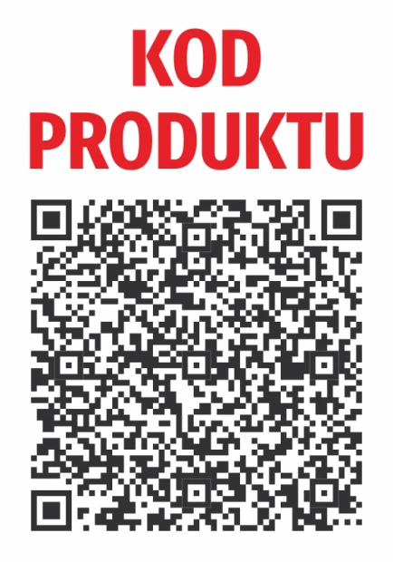 Naklejka QR Kod produktu - Wzór graficzny. Na białym tle znajduje się czarny kod QR oraz czerwony napis KOD PRODUKTU