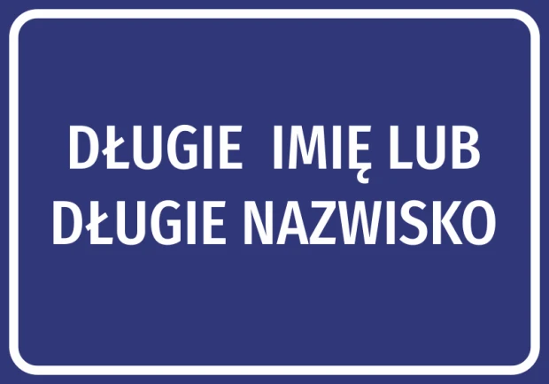 Niebieska naklejka informacyjna na białym tle z przykładowym długim tekstem w dwóch rzędach