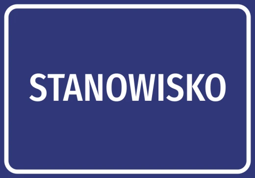 Niebieska naklejka informacyjna z białym napisem STANOWISKO i miejscem na dopisanie własnej nazwy