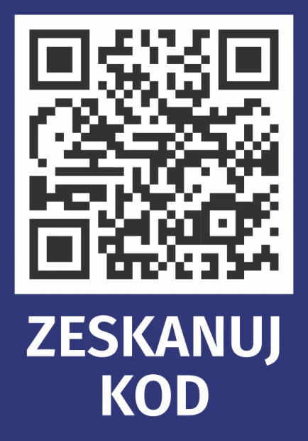 Naklejka Zeskanuj kod QR - Wzór graficzny. Kwadratowy kod QR na ciemnym tle z białym napisem