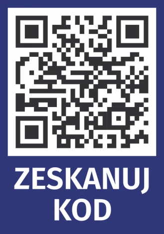 Naklejka Zeskanuj kod QR - Wzór graficzny. Kwadratowy kod QR na ciemnym tle z białym napisem