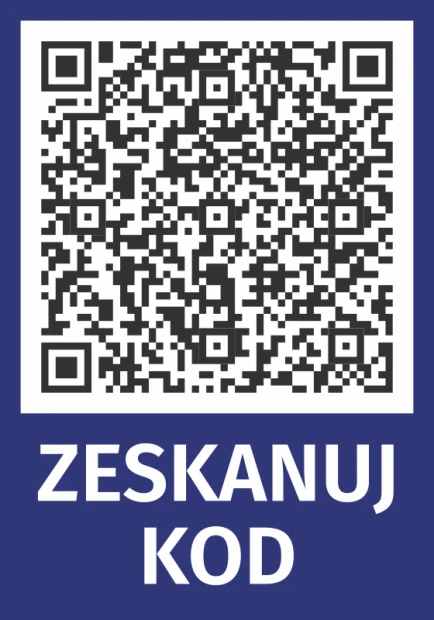 Naklejka Zeskanuj kod QR - Wzór graficzny. Na tle fioletowym znajduje się czarny kod QR oraz napis ZESKANUJ KOD