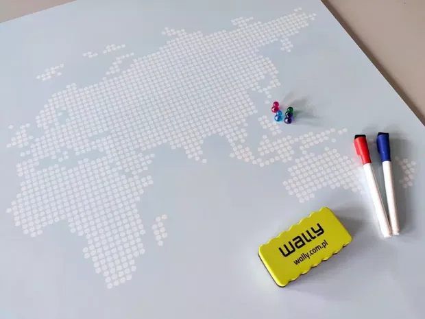 Tablica magnetyczna suchościeralna mapa świata 333 - Wzór graficzny. Mapa świata w formie siatki punktów na jasnym tle