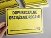 Tabliczka Dopuszczalne obciążenie regału - Wzór graficzny. Żółte tło z czarnym napisem i miejscem na wartość