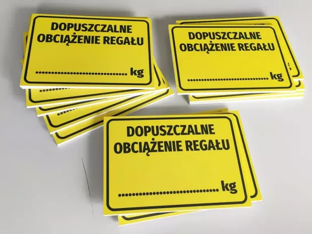 Tabliczka Dopuszczalne obciążenie regału - Wzór graficzny. Żółte tło z czarnym tekstem i ramką