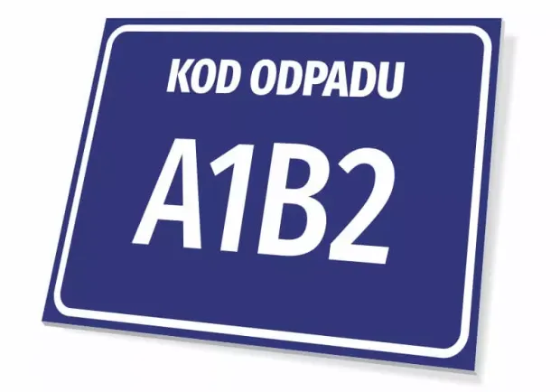 Tabliczka Kod odpadu, wraz z numerem, kodem odpadu - Wzór graficzny. Prostokątna tabliczka z niebieskim tłem i białym