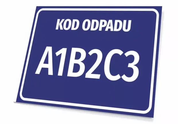 Tabliczka Kod odpadu, wraz z numerem, kodem odpadu - Wzór graficzny. Prostokątna tabliczka w kolorze niebieskim z białym