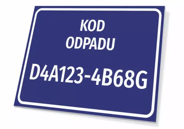 Tabliczka Kod odpadu, wraz z numerem, kodem odpadu - Wzór graficzny. Prostokątna tabliczka z niebieskim tłem i białym