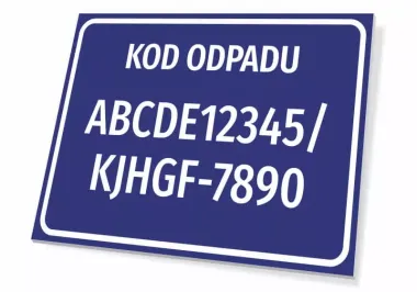 Tabliczka Kod odpadu, wraz z numerem, kodem odpadu - Wzór graficzny. Prostokątna tabliczka z niebieskim tłem i białym