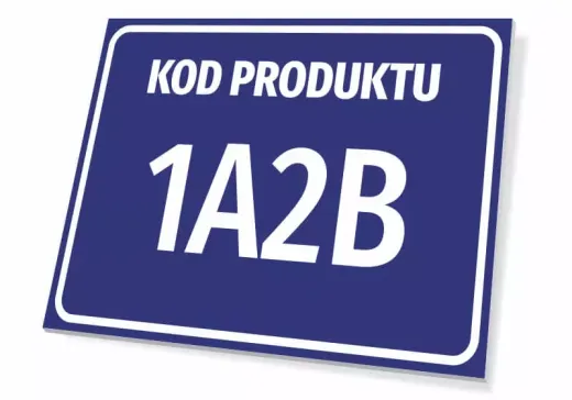 Niebieska tabliczka z napisem KOD PRODUKTU i miejscem na własne oznaczenie, pokazana pod kątem