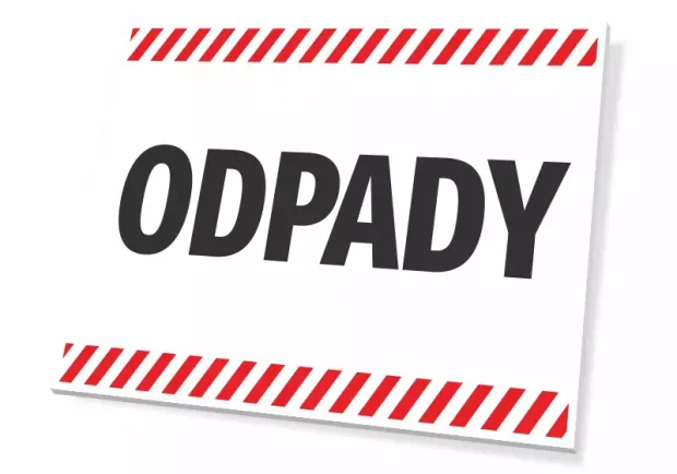 Prostokątna tabliczka informacyjna BHP z czarnym napisem ODPADY i czerwono-białymi pasami ostrzegawczymi