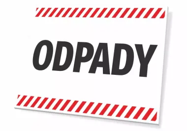 Tabliczka T638, Odpady - Wzór graficzny. Biała tabliczka z dużym napisem ODPADY w czarnym kolorze, otoczona czerwonymi