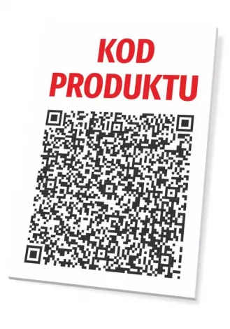 Tabliczka QR Kod produktu - Wzór graficzny. Na białym tle widoczny duży napis KOD PRODUKTU w czerwonym kolorze oraz kod QR