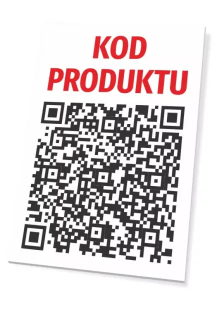 Tabliczka QR Kod produktu - Wzór graficzny. Czerwony napis KOD PRODUKTU nad czarnym kodem QR na białym tle