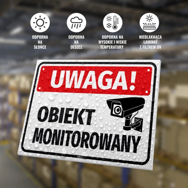 Tabliczka Uwaga obiekt monitorowany - Wzór graficzny. Prosta grafika z kamerą i dużym napisem na tle kropli wody
