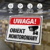 Tabliczka Uwaga obiekt monitorowany - Wzór graficzny. Prosta grafika z kamerą i dużym napisem na tle kropli wody