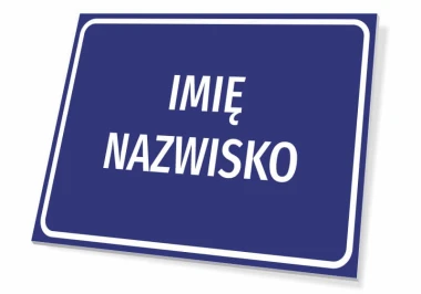 Tabliczka z Imieniem i Nazwiskiem - Wzór graficzny. Prostokątna tabliczka z białym tekstem na niebieskim tle
