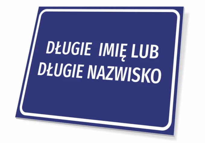 Tabliczka z Imieniem i Nazwiskiem - Wzór graficzny. Prosta, prostokątna tabliczka z białym napisem na niebieskim tle