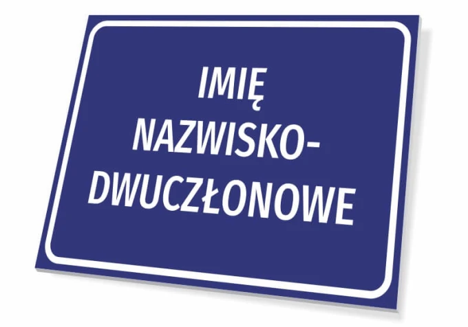 Tabliczka z Imieniem i Nazwiskiem - Wzór graficzny. Prosta, prostokątna tabliczka z białym tekstem na niebieskim tle