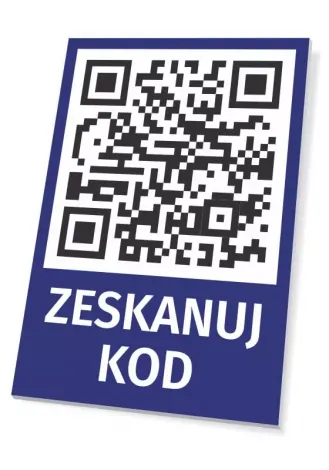 Tabliczka Zeskanuj kod QR - Wzór graficzny. Kwadratowy kod QR na niebieskim tle z białym napisem