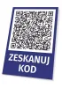 Tabliczka Zeskanuj kod QR - Wzór graficzny. Kwadratowy kod QR na niebieskim tle z białym napisem