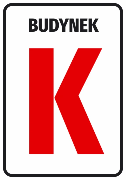 Naklejka Budynek z numerem lub literą - Wzór graficzny. Na białym tle widoczny czerwony symbol litery K