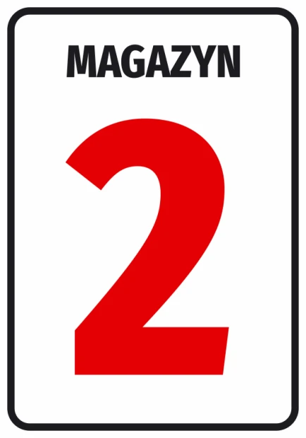 Naklejka oznaczenie magazynu z numerem lub literą - Wzór graficzny. Czerwony numer 2 na białym tle, z czarnym napisem