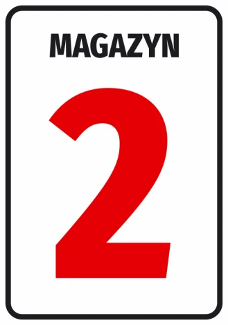 Naklejka oznaczenie magazynu z numerem lub literą - Wzór graficzny. Czerwony numer 2 na białym tle, z czarnym napisem