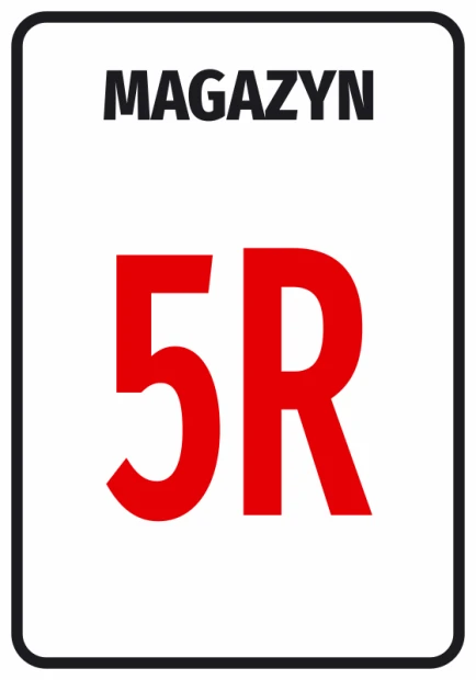 Naklejka oznaczenie magazynu z numerem lub literą - Wzór graficzny. Czarne litery na białym tle, czerwony numer 5R