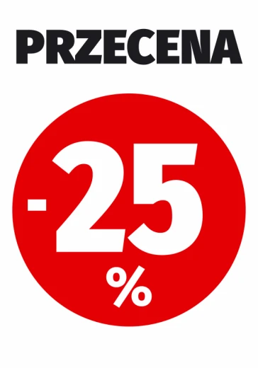 Naklejka z napisem PRZECENA i czerwonym kołem z miejscem na własną wartość procentową na białym tle