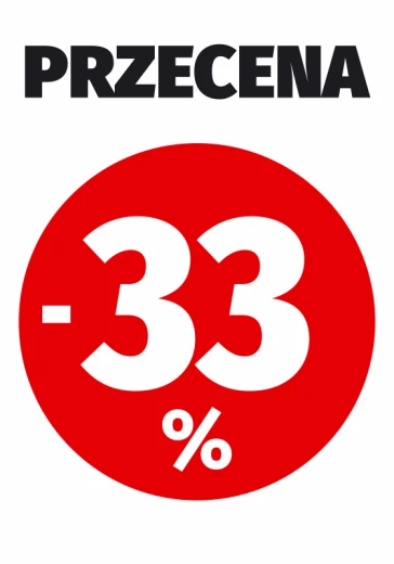 Naklejka z napisem PRZECENA i czerwonym kołem z przykładową wartością minus trzydzieści trzy procent na białym tle