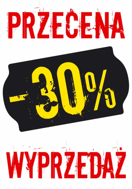 Naklejka z czerwonym napisem PRZECENA WYPRZEDAŻ oraz z przykładowym polem na wartość procentową zniżki