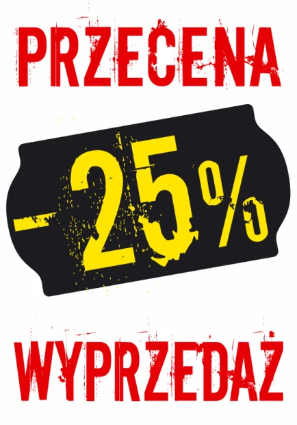 Naklejka wyprzedażowa na białym tle z czerwonymi napisami oraz czarną grafiką z przykładową wartością zniżki