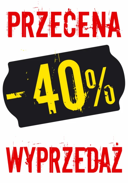 Naklejka z czerwonym napisem PRZECENA WYPRZEDAŻ i czarną metką z przykładowym polem na wartość procentową zniżki