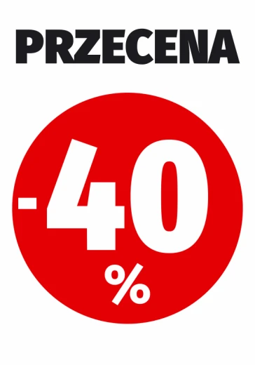 Naklejka z napisem PRZECENA i czerwonym kołem z przykładową wartością procentową na białym tle