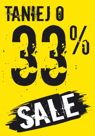 Naklejka Sale, taniej o 33% - Wzór graficzny. Żółte tło z dużymi, czarnymi cyframi i napisem SALE w białym kolorze