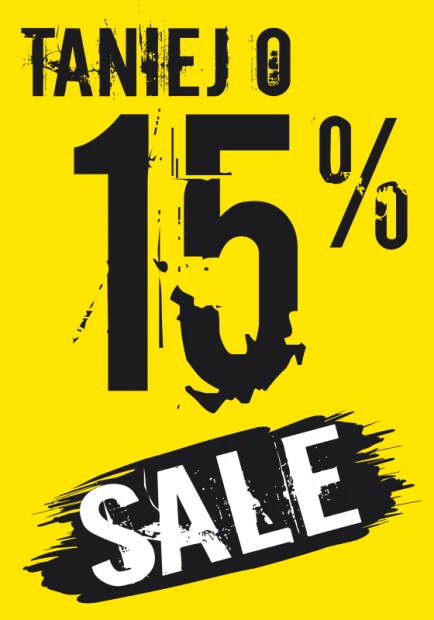 Naklejka Sale, taniej o 15% - Wzór graficzny. Żółte tło z dużymi, czarnymi cyframi i napisem SALE w białym kolorze