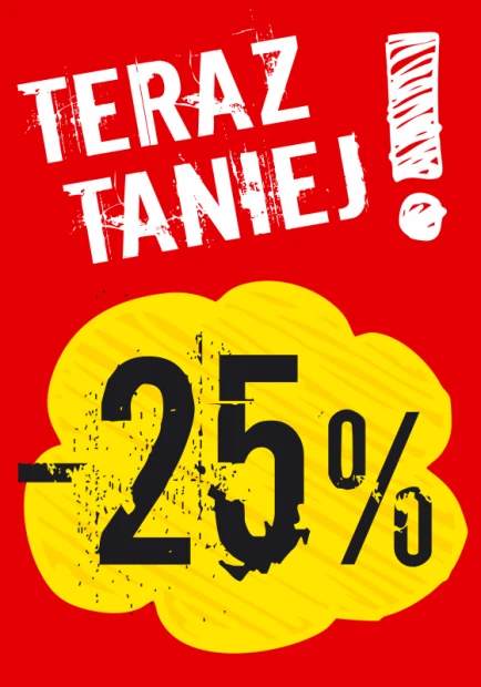 Naklejka Teraz taniej o wartość w % - Wzór graficzny. Czerwone tło z żółtą chmurką i dużymi cyframi