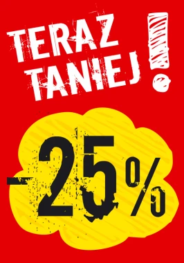 Naklejka Teraz taniej o wartość w % - Wzór graficzny. Czerwone tło z żółtą chmurką i dużymi cyframi