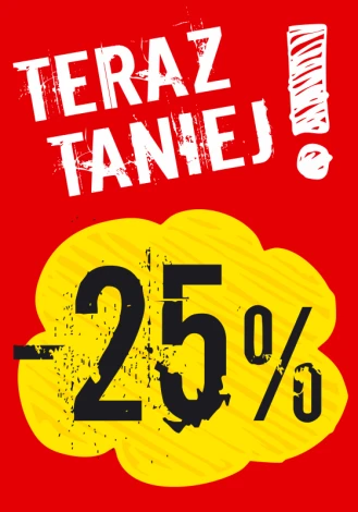 Naklejka Teraz taniej o wartość w % - Wzór graficzny. Czerwone tło z żółtą chmurką i dużymi cyframi