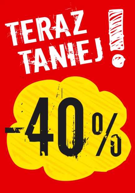 Naklejka Teraz taniej o wartość w % - Wzór graficzny. Czerwone tło z żółtą chmurką i dużymi czarnymi cyframi